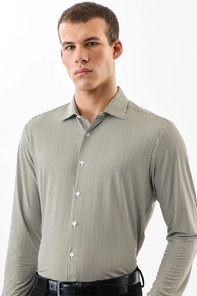 SNITCH Olive Striped Long Sleeve Slim Fit Shirt