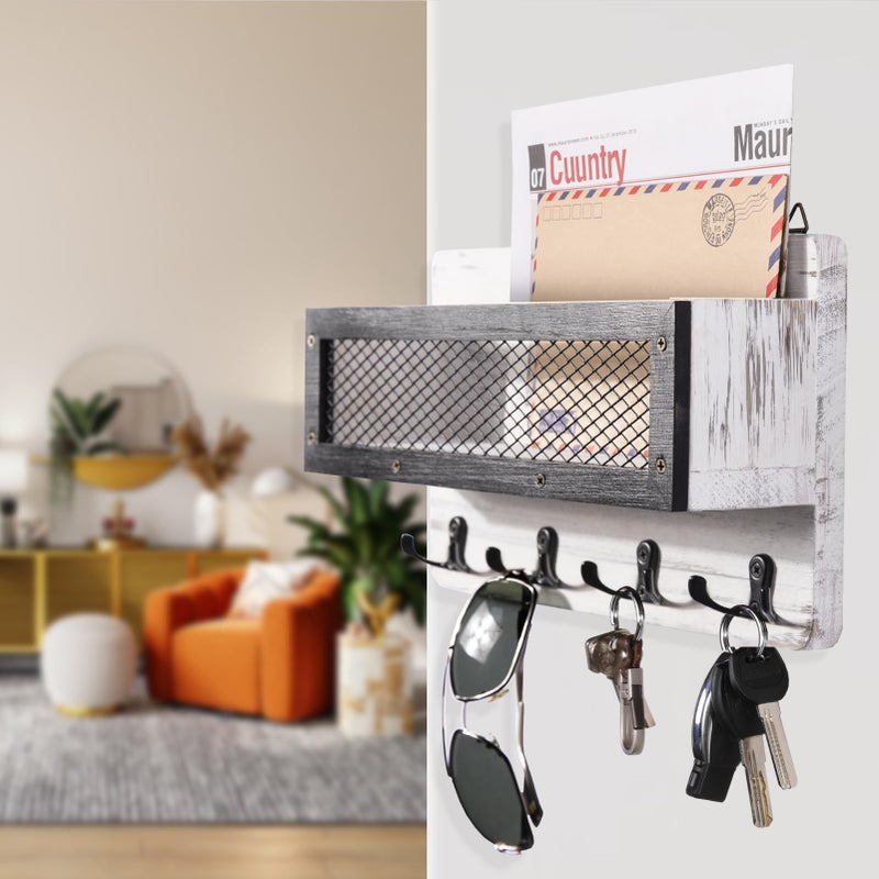 Adiil Mail And Key Holder For Wall Decorative Wooden Wall Mount Key Rack Hanger Organizer With 4 Double Key Hooks Rustic Home Decor For Entryway Hallway White - Image 2