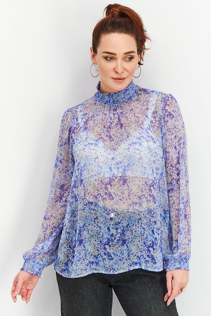 Tchibo Women Ruffle Neck Long Sleeve Splatter Paint Top, Blue Combo - Image 1