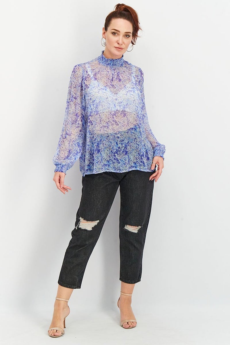 Tchibo Women Ruffle Neck Long Sleeve Splatter Paint Top, Blue Combo - Image 3