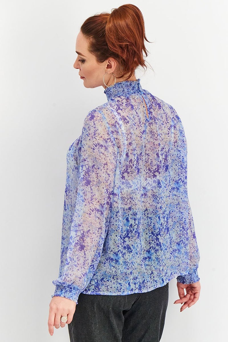 Tchibo Women Ruffle Neck Long Sleeve Splatter Paint Top, Blue Combo - Image 4