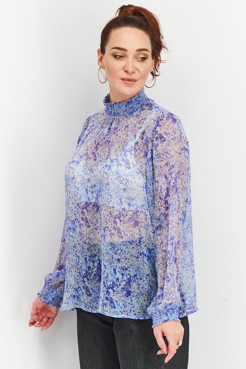 Tchibo Women Ruffle Neck Long Sleeve Splatter Paint Top, Blue Combo - Image 2