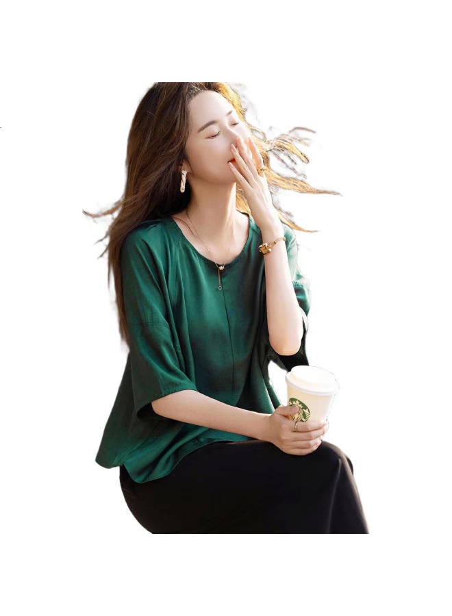 dme "Monet Garden" Summer Light Oxygen Sensation Silk Blend Loose Round Neck Comfortable Slimming Shirt Blouse Top - Image 1