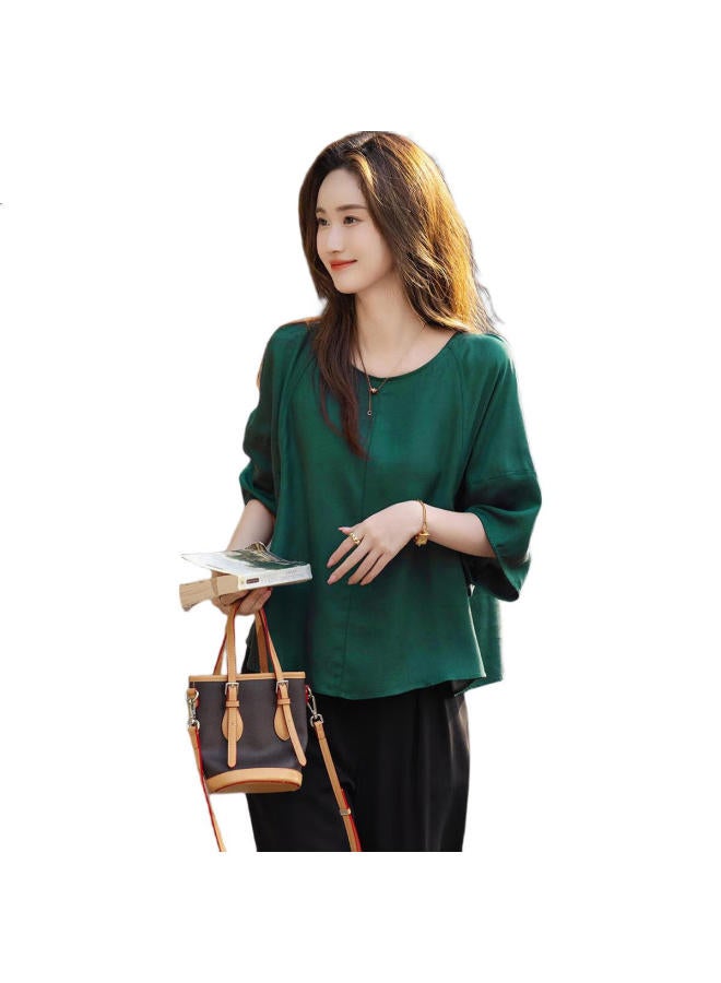 dme "Monet Garden" Summer Light Oxygen Sensation Silk Blend Loose Round Neck Comfortable Slimming Shirt Blouse Top - Image 3