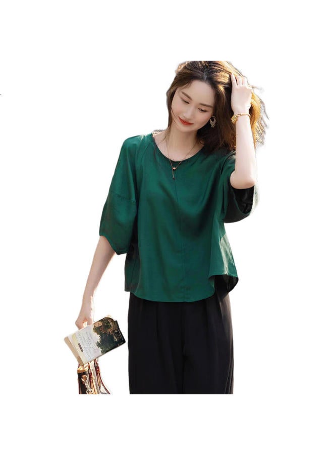 dme "Monet Garden" Summer Light Oxygen Sensation Silk Blend Loose Round Neck Comfortable Slimming Shirt Blouse Top - Image 2