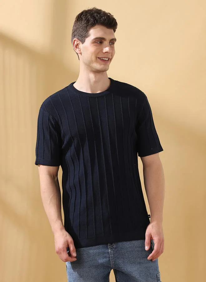 Dennis Lingo Men's Navy Cotton Blend Textured Regular Fit T-Shirt
