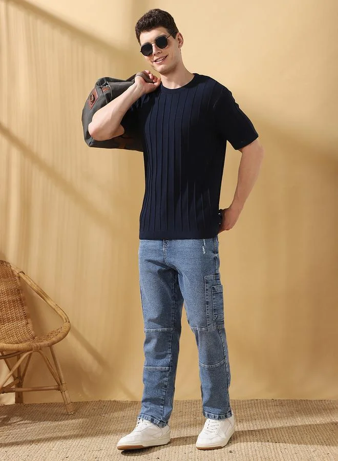 Dennis Lingo Men's Navy Cotton Blend Textured Regular Fit T-Shirt