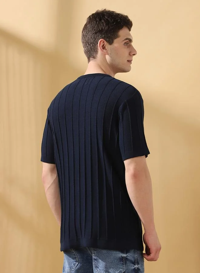 Dennis Lingo Men's Navy Cotton Blend Textured Regular Fit T-Shirt
