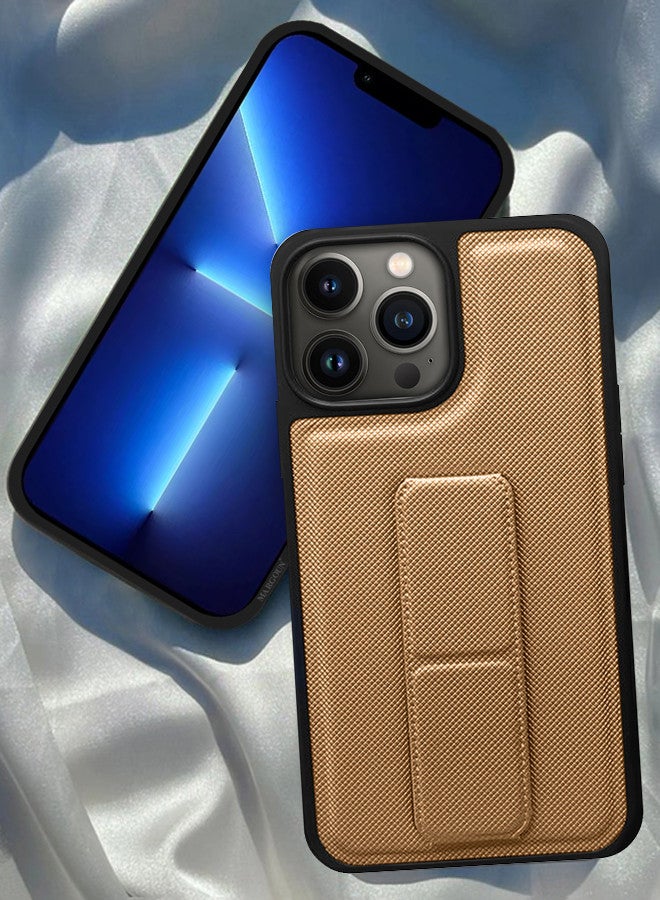 CATANES iPhone 13 Pro Max Grip Case Shockproof Anti Drop Cover with Hand Strap Holder Foldable Kickstand Brown - Image 1