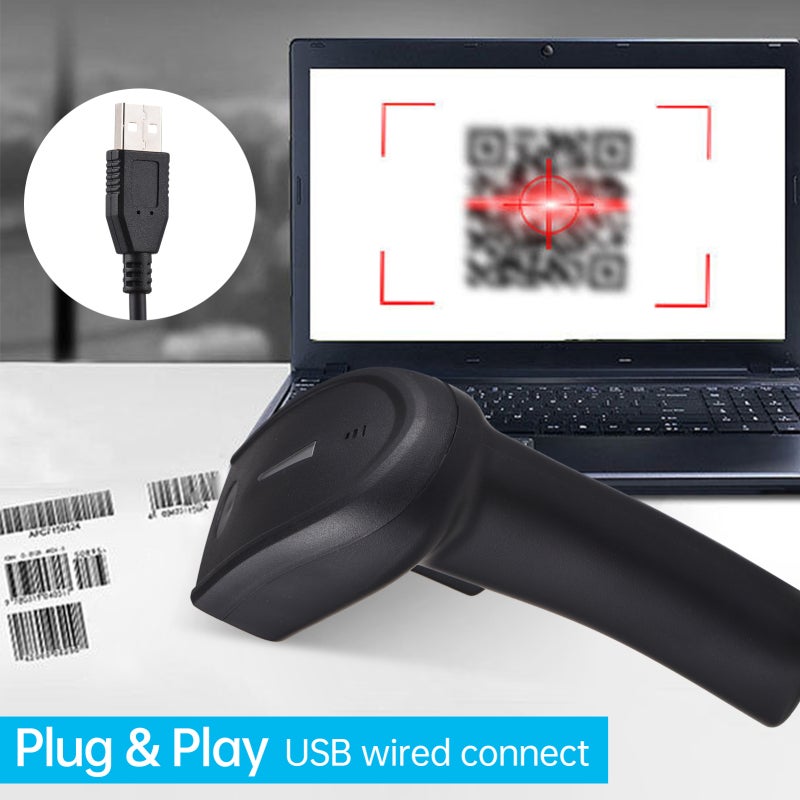ماسح رموز شريطية USB ثنائي الأبعاد محمول سلكي لقراءة رموز شريطية أحادية الأبعاد مع محفز يدوي، مقاس شاشة CMOS 640*480، يدعم مسح الرموز على الورق والشاشات، متوافق مع أنظمة ويندوز وأندرويد وماك، مثالي للمتاجر السوبرmärكت والمتاجر التجارية والمكتبات - Image 2