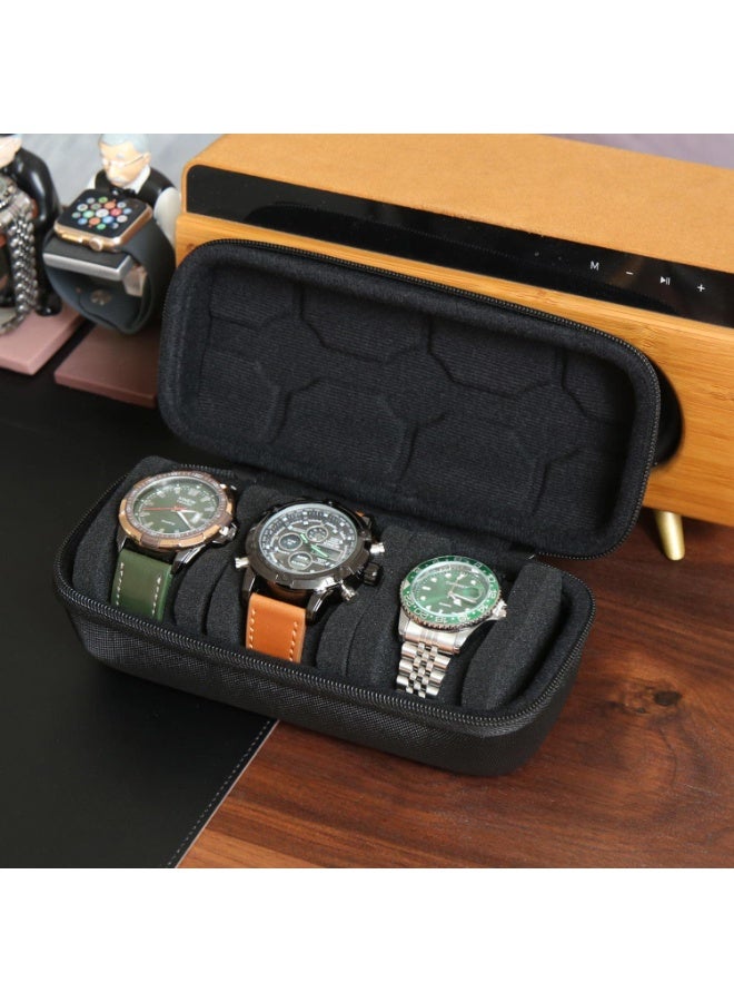 شابية صندوق منظم للساعات الصلبة بثلاث فتحات للرجال أو النساء، حافظة سفر لتخزين الساعات المحمولة وحامل عرض للساعات اليدوية والساعات الذكية حتى 55 مم (أسود) - Image 2