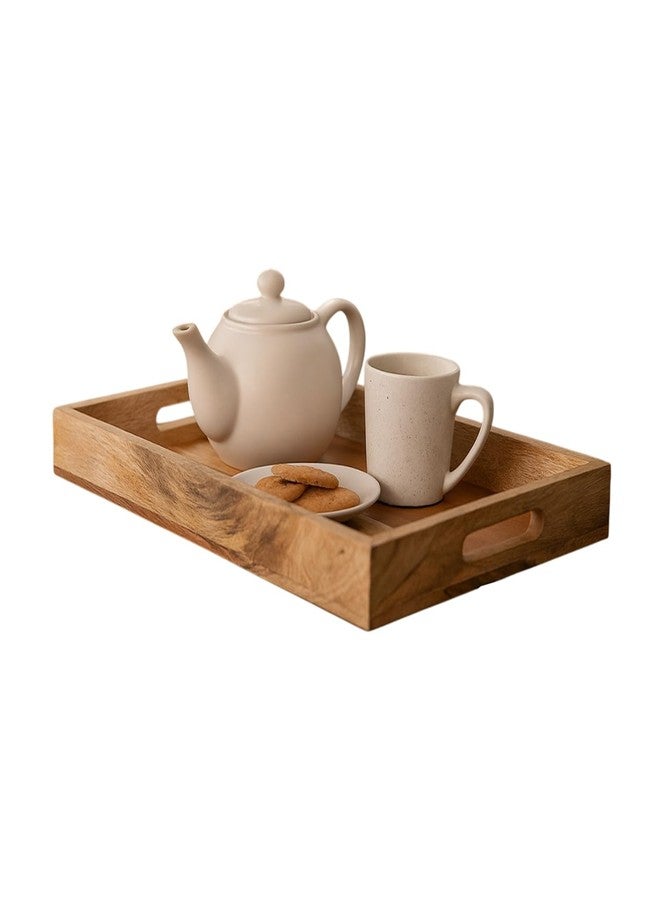 Mela Artisans Wooden Serving Tray with Handles | 15x10x1.75 inch | Mango Wood Decorative Tray | Ottoman Tray | Snacks | Desserts | Breads | Coffee Table | Bedroom | Rectangular Edge Design - Image 1