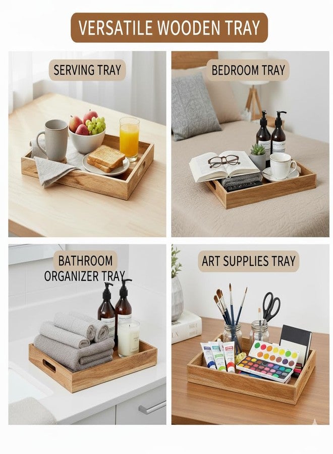 Mela Artisans Wooden Serving Tray with Handles | 15x10x1.75 inch | Mango Wood Decorative Tray | Ottoman Tray | Snacks | Desserts | Breads | Coffee Table | Bedroom | Rectangular Edge Design - Image 2