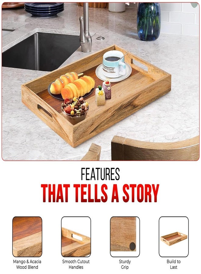 Mela Artisans Wooden Serving Tray with Handles | 15x10x1.75 inch | Mango Wood Decorative Tray | Ottoman Tray | Snacks | Desserts | Breads | Coffee Table | Bedroom | Rectangular Edge Design - Image 4