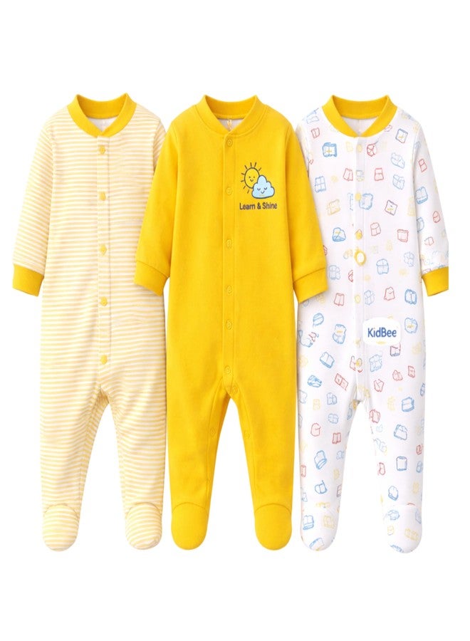 Kidbee Baby Boys & Girls Full Sleeves Cotton Footed Romper Sleepsuit Pack of 3 (Yellow, 3-6 Months)