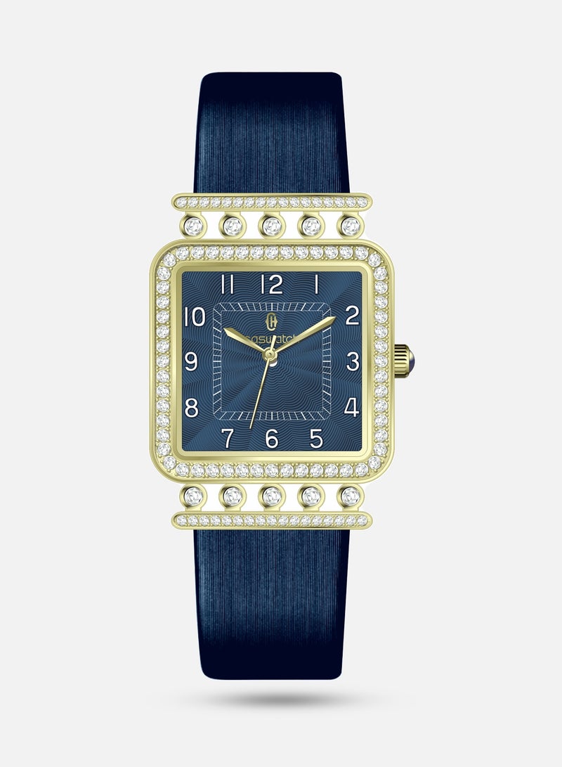 Women's Blue Leather Watch with Gold Crystals