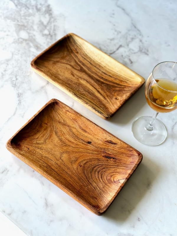 appeasy Wooden Rectangle Platter | Wooden Serving Tray | Appetizer Plate | Snacks Serving Plate for Home Kitchen and Cafe Restaurant (Pack of 2) - Image 1
