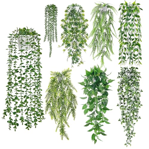 Der Rose 8Pcs Fake Plants Hanging Artificial Ivy Vine Faux Eucalyptus Hanging Plants for Home Boho Wall Shelf Indoor Outdoor Decor White Pots - Image 1