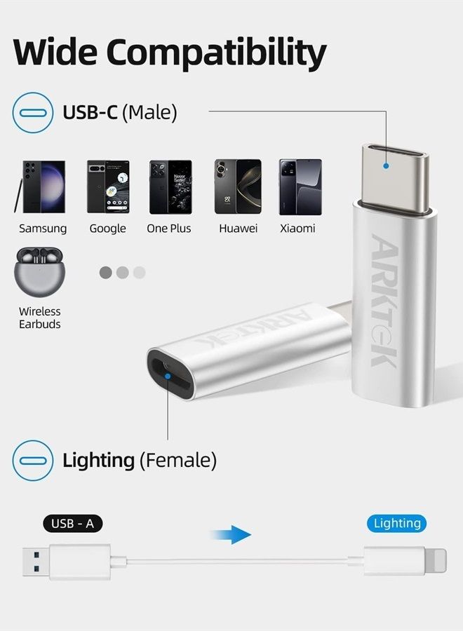 ARKTEK USB-C Adapter i OS Lighting Cable (Female) to USB Type C (Male) - Only Charging Adapter for Phone 13 Galaxy S20 Note 10 Pixel 4 and More (2 Pack, Silver) - Image 4