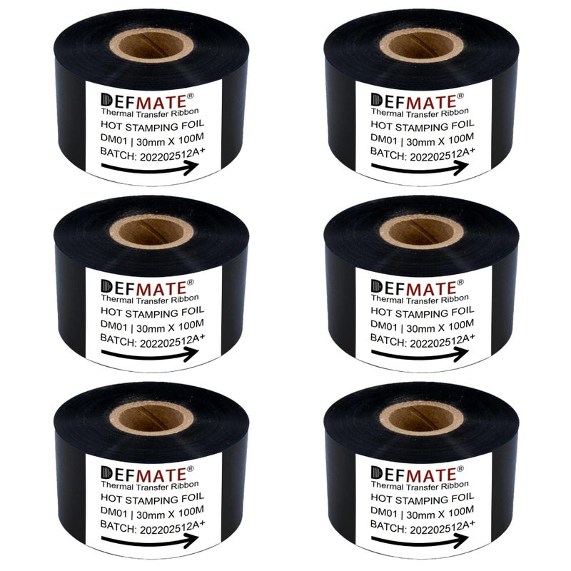 6 Rolls 30mm x 100m Black Hot Stamping Foil Thermal Transfer Ribbon Resin for Coder Printer Machine Black Color Ribbon for Coding Machine