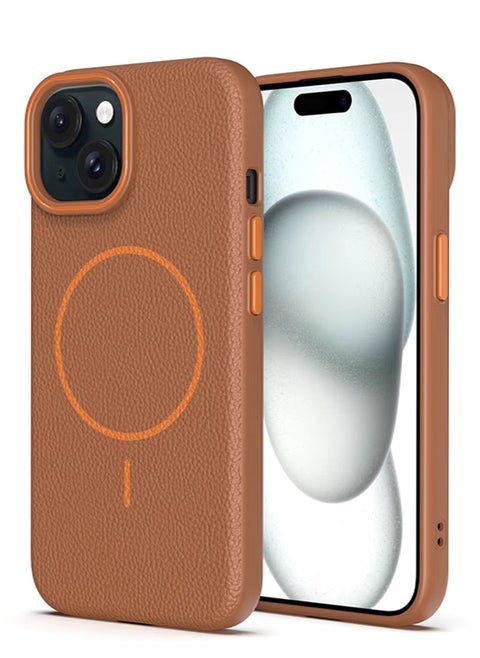 Magsafe Phone Case For iPhone 14 With High Quality Rubber Frame And Slim Lychee Pattern Leather Case with Camera Lens Protection Shockproof Cover And support wireless Charging Leather Cover for iPhone 14 - Brown