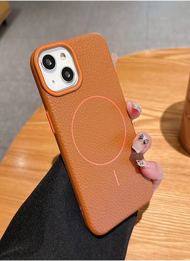 Magsafe Phone Case For iPhone 14 With High Quality Rubber Frame And Slim Lychee Pattern Leather Case with Camera Lens Protection Shockproof Cover And support wireless Charging Leather Cover for iPhone 14 - Brown