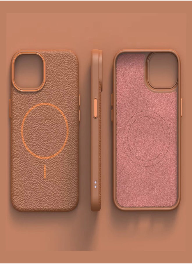 Magsafe Phone Case For iPhone 14 With High Quality Rubber Frame And Slim Lychee Pattern Leather Case with Camera Lens Protection Shockproof Cover And support wireless Charging Leather Cover for iPhone 14 - Brown