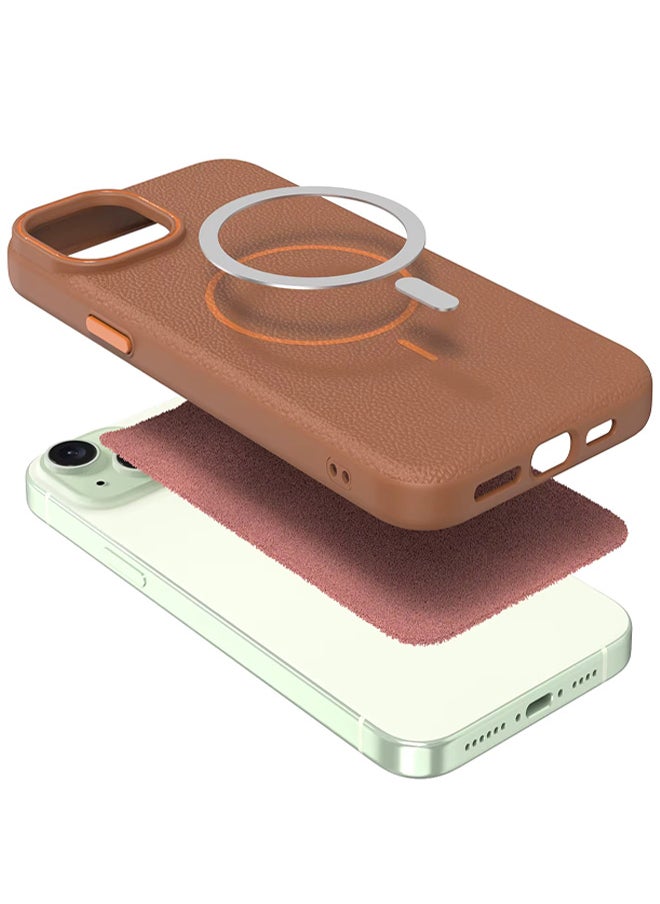 Magsafe Phone Case For iPhone 14 With High Quality Rubber Frame And Slim Lychee Pattern Leather Case with Camera Lens Protection Shockproof Cover And support wireless Charging Leather Cover for iPhone 14 - Brown