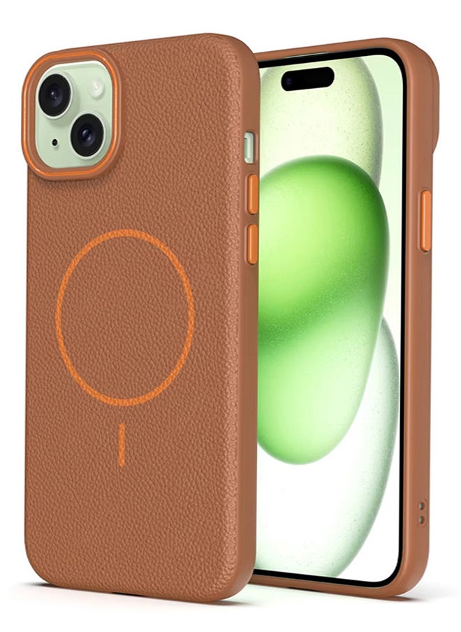 Magsafe Phone Case For iPhone 14 With High Quality Rubber Frame And Slim Lychee Pattern Leather Case with Camera Lens Protection Shockproof Cover And support wireless Charging Leather Cover for iPhone 14 - Brown
