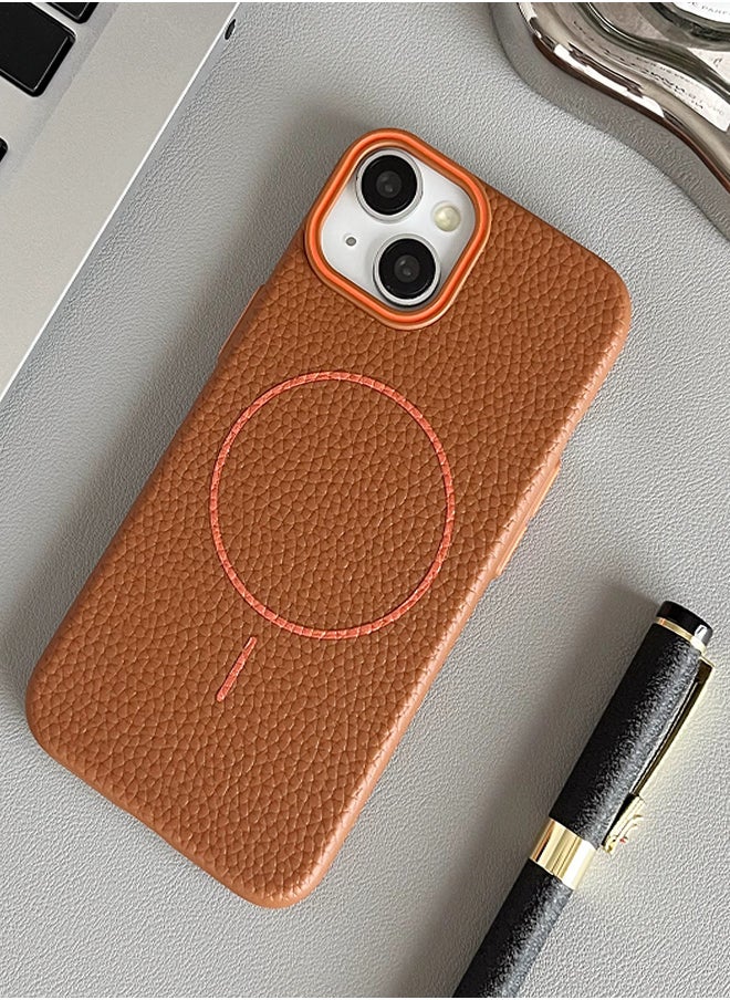 Magsafe Phone Case For iPhone 14 With High Quality Rubber Frame And Slim Lychee Pattern Leather Case with Camera Lens Protection Shockproof Cover And support wireless Charging Leather Cover for iPhone 14 - Brown