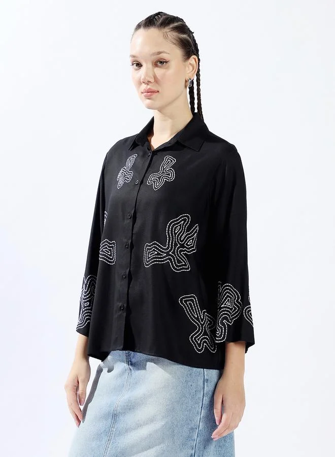 HIGH STAR Women's Multicolour 100% Cotton Embroidered Button Down Oversized Shirt