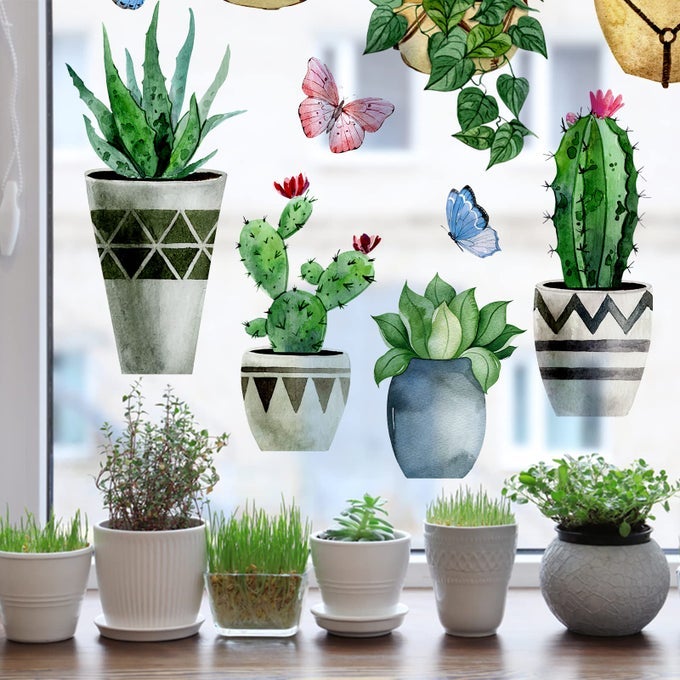 Spring Summer Potted Plant Window Clings 9 Sheets Cactus Succulent Wall Glass Stickers Decal Hanging Bonsai Decor Tropical Botanical Palm Leaves Home Kitchen Decorations