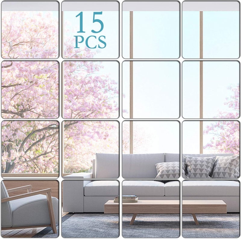 KimDaro 15 Pieces Flexible Mirror Wall Stickers Set Removable Acrylic Mirror Circle Self Adhesive Plastic Mirror Decal for Home Decor (Square) - Image 1