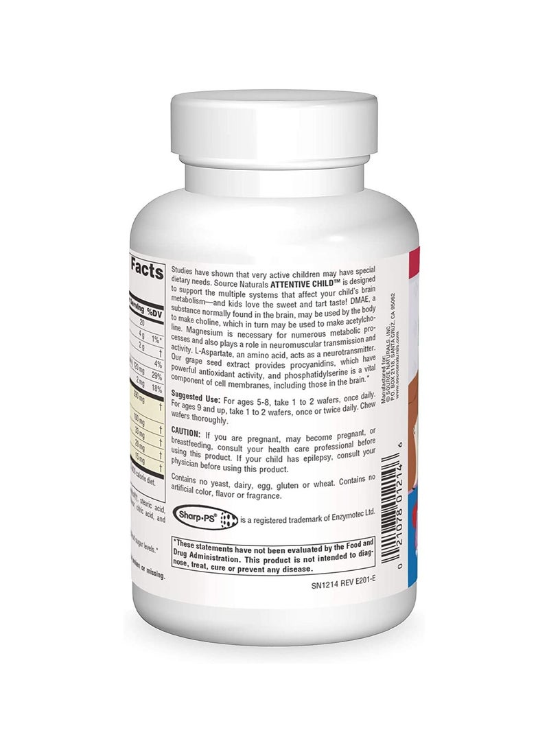 Source Naturals - Source Naturals Attentive Child - Healthy Cognitive Nutrients For Active Children - Improved Focus & Attention with DMAE, Magnesium, Zinc & Grape Seed Extract - 60 Chewable Wafers. - Image 1