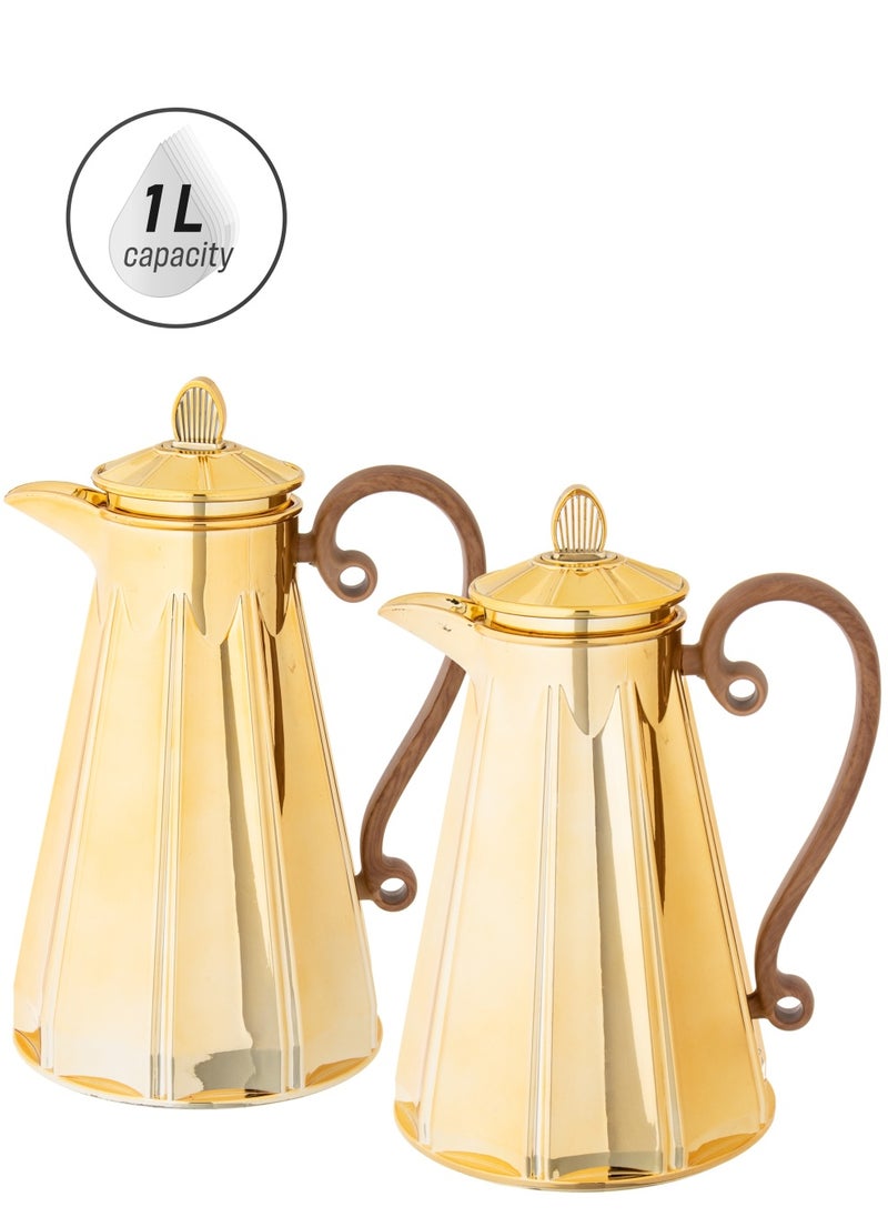 ALASKA - Thermos Set Two Pieces for Tea and Coffee gold with wood hand - Image 1