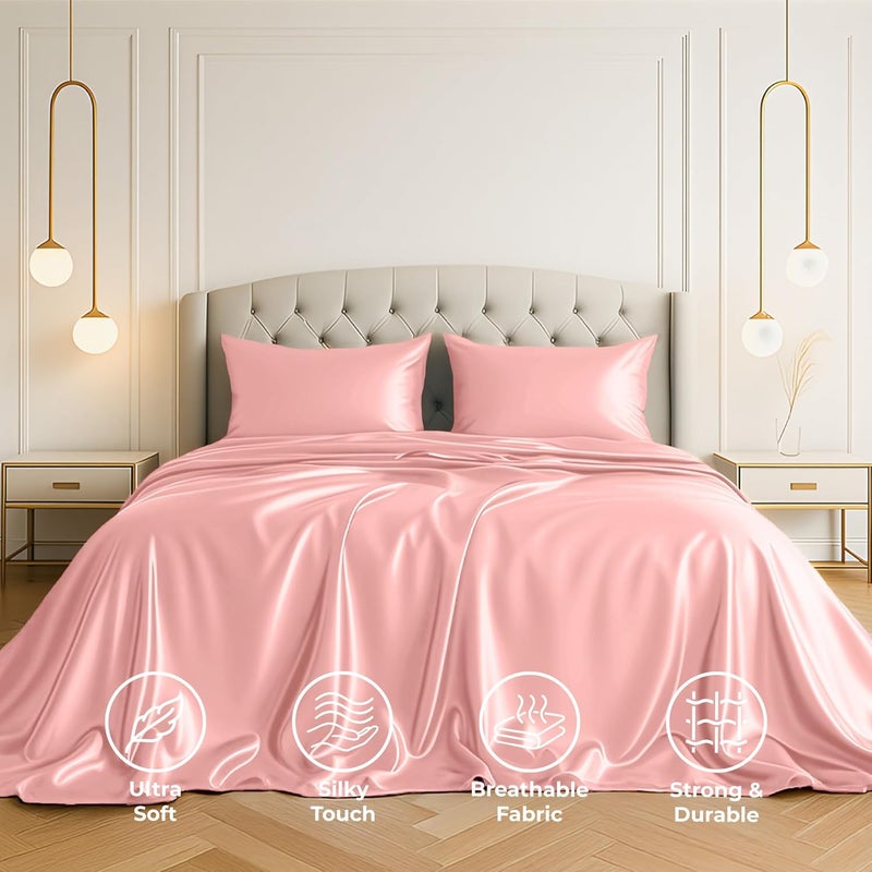 Pure Bedding Satin Sheets California King [4-Piece, Pink] Luxury Silky Bed Sheets - Extra Soft 1800 Microfiber Sheet Set, Wrinkle, Fade, Stain Resistant - Deep Pocket Fitted Sheet, Flat Sheet, Pillow Cases - Image 2