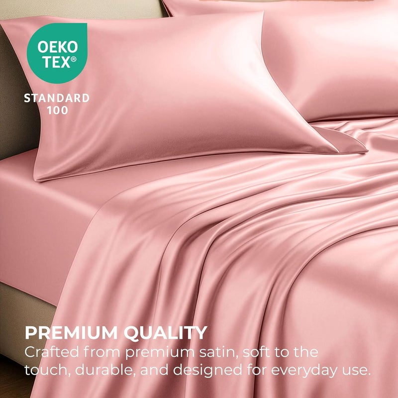 Pure Bedding Satin Sheets California King [4-Piece, Pink] Luxury Silky Bed Sheets - Extra Soft 1800 Microfiber Sheet Set, Wrinkle, Fade, Stain Resistant - Deep Pocket Fitted Sheet, Flat Sheet, Pillow Cases - Image 5