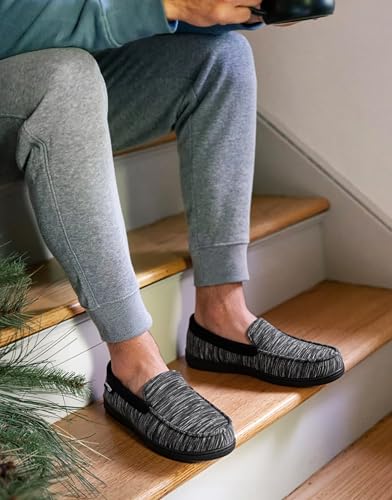 HomeTop Men's Knit Moccasin Slippers Memory Foam House Shoes for Indoor Outdoor Cosmic Black, 11 US - Image 2
