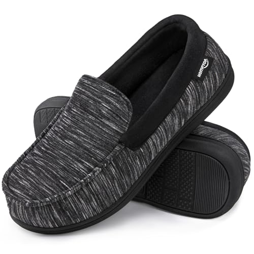 HomeTop Men's Knit Moccasin Slippers Memory Foam House Shoes for Indoor Outdoor Cosmic Black, 11 US - Image 1