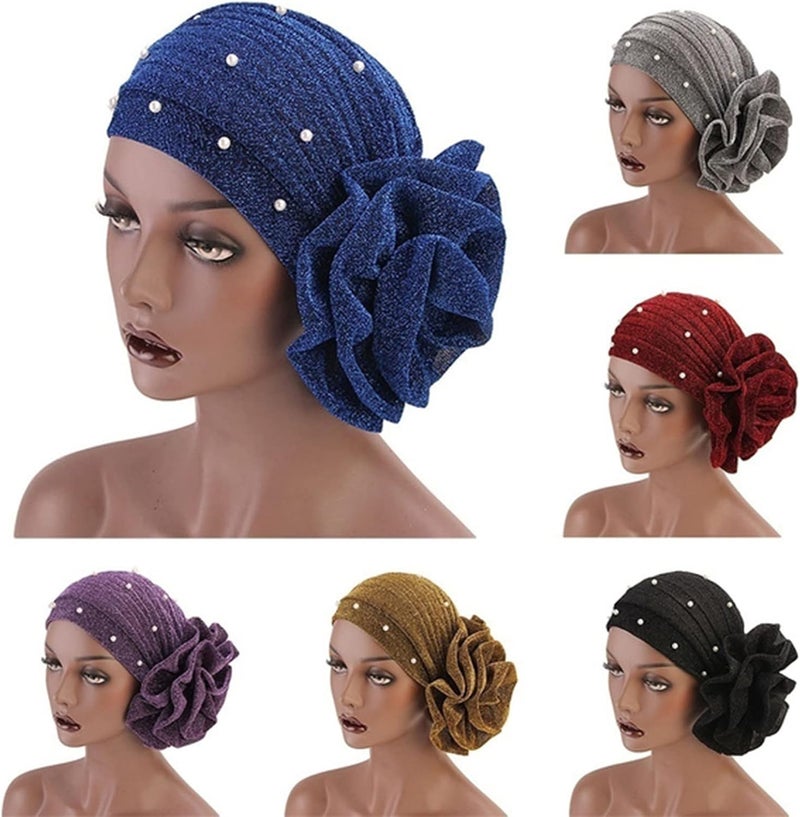 cheekyglo Women's Imitation Pearl Ruffle Turban Hat Glitter Headwrap Stretch Beanie Wrap Hat for 1920s Gatsby Party,Gold - Image 2