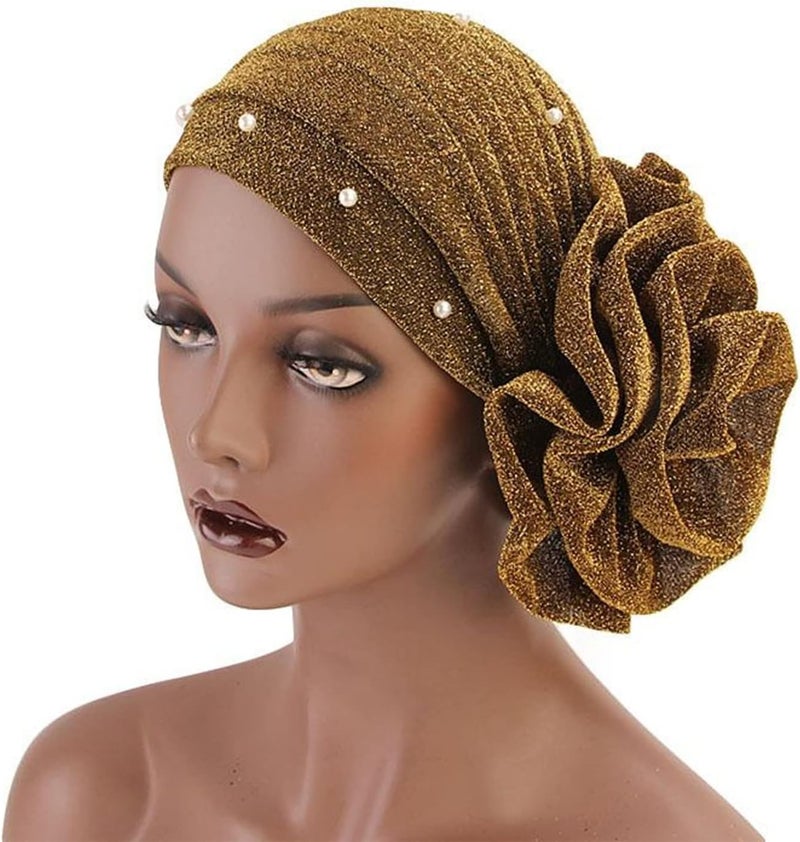 cheekyglo Women's Imitation Pearl Ruffle Turban Hat Glitter Headwrap Stretch Beanie Wrap Hat for 1920s Gatsby Party,Gold - Image 4