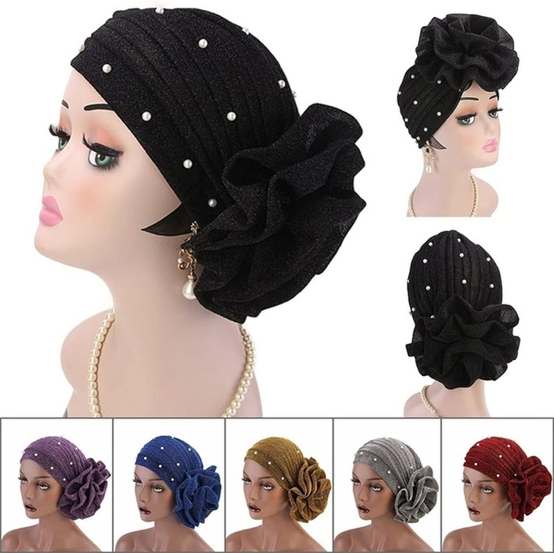 cheekyglo Women's Imitation Pearl Ruffle Turban Hat Glitter Headwrap Stretch Beanie Wrap Hat for 1920s Gatsby Party,Gold - Image 1