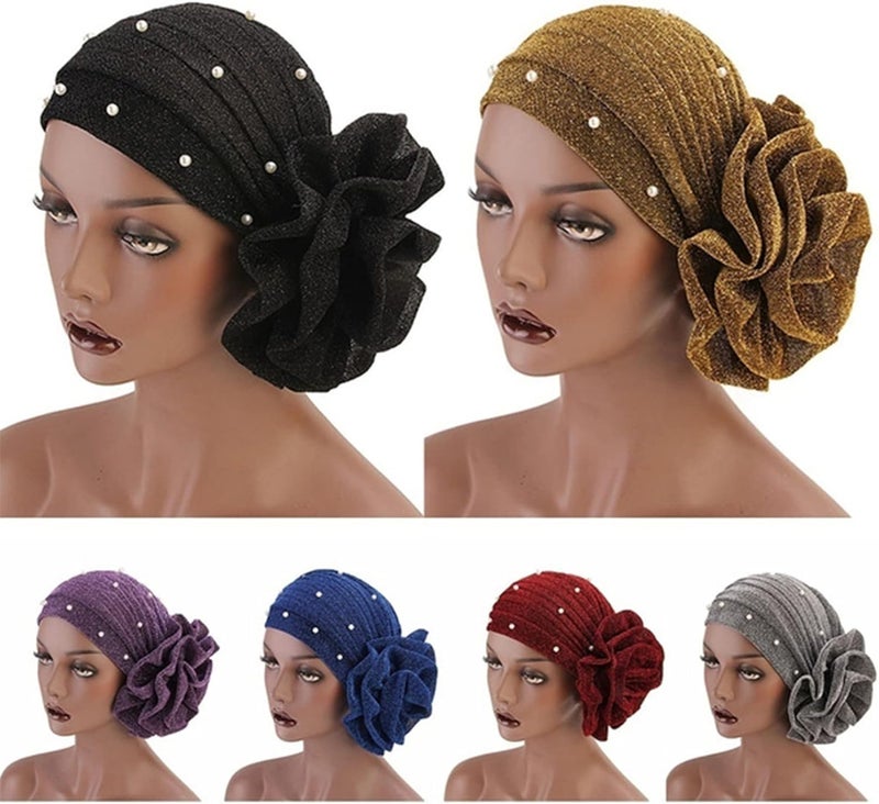 cheekyglo Women's Imitation Pearl Ruffle Turban Hat Glitter Headwrap Stretch Beanie Wrap Hat for 1920s Gatsby Party,Gold - Image 3
