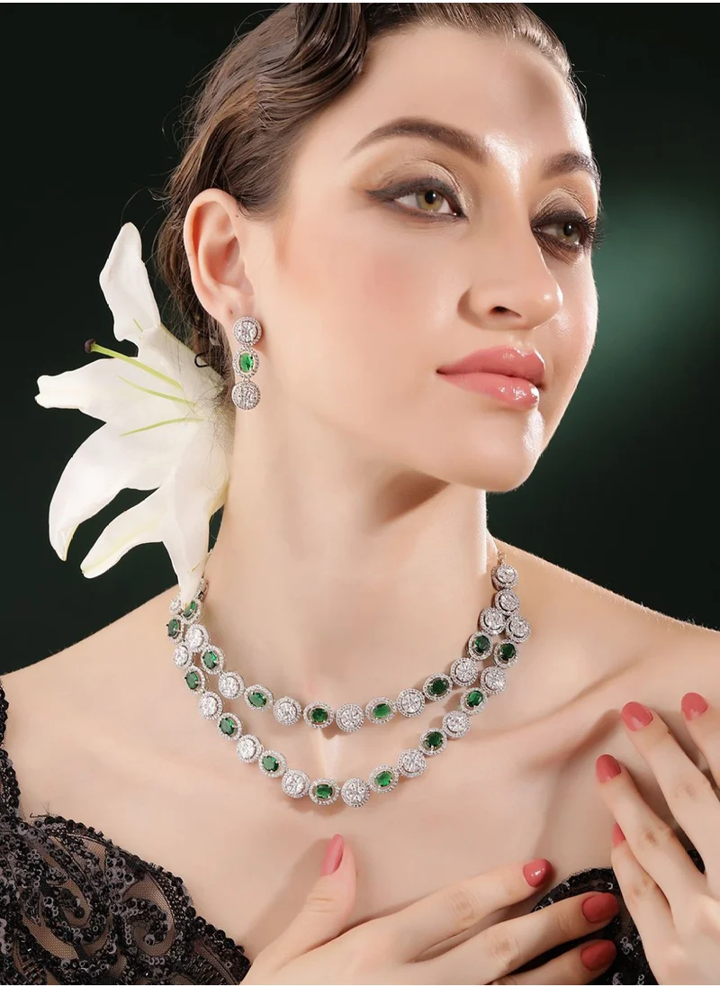 Priyaasi American Diamond Stone Studded Layered Brass Necklace and Earrings