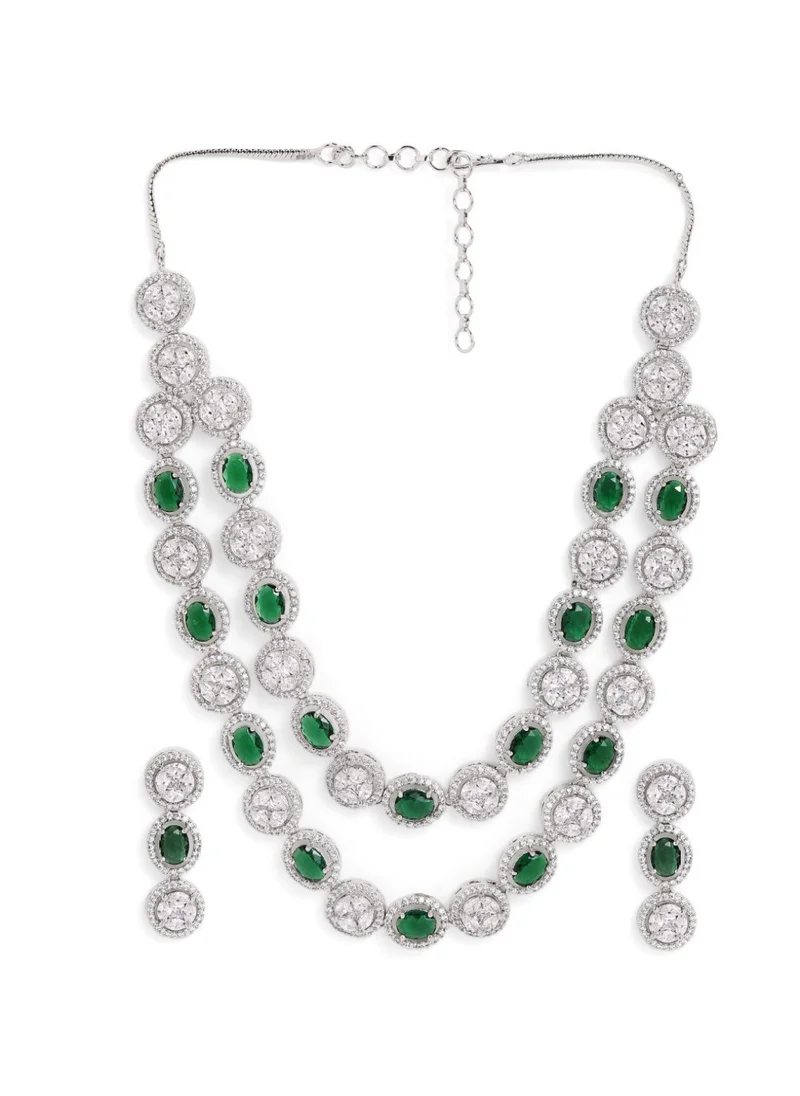 برياسي American Diamond Stone Studded Layered Brass Necklace and Earrings
