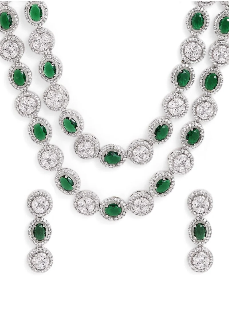 برياسي American Diamond Stone Studded Layered Brass Necklace and Earrings