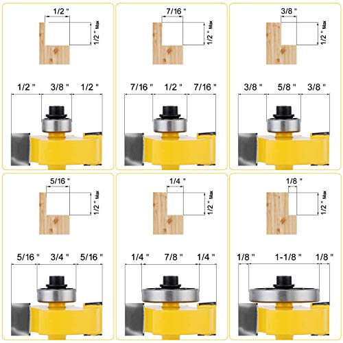 JTTJDB 1/4-Inch Shank Rabbet Router Bit with 6 Bearings Set - 1/8", 1/4", 5/16", 3/8", 7/16", 1/2" Interchangeable Bearings - Image 2
