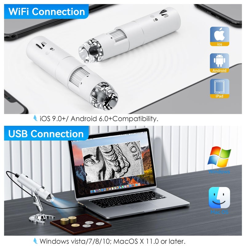 Skybasic Wireless Digital Microscope, Skybasic 50X-1000X Magnification WiFi Pocket Handheld Microscopes with Stand HD USB Microscope Camera Compatible with iPhone Android iPad Windows Mac Computer (White) - Image 2
