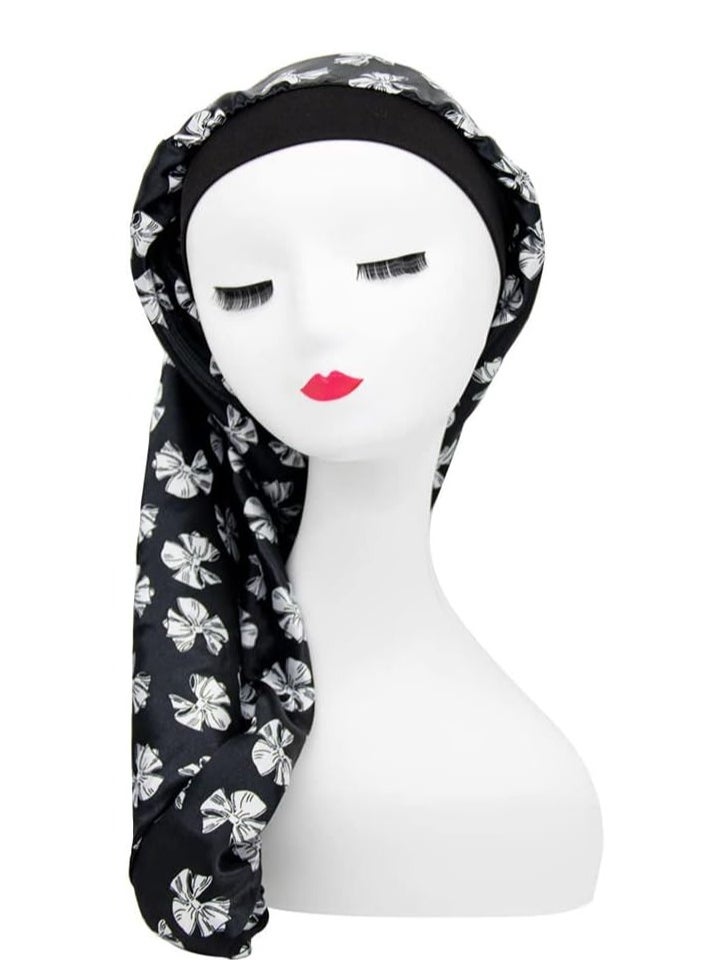 JoyousSto Satin Black Bow Nightcap Silk for Natural Hair Long Extra Large Sleeping Cap for Women Night Use Wide Elastic Band Adjustable Very Soft and Comfortable  - Image 2