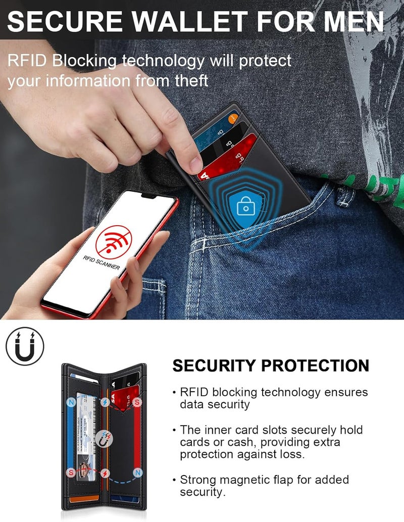 ZALVEX محفظة ZALVEX للرجال، محفظة جلدية لـ 12-15 بطاقة، حامل بطاقات نحيف وبسيط مع حجب RFID، مع مشبك نقود ونافذة هوية، أسود، بسيط - Image 5